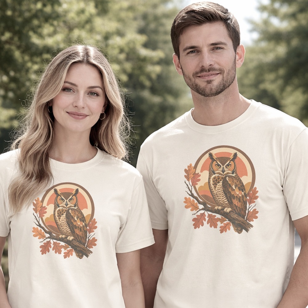 Great Horned Owl Perched in Autumn Oak Medallion Tee